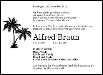 Anzeige von Alfred Braun von Reutlinger Generalanzeiger