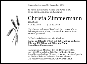 Anzeige von Christa Zimmermann von Reutlinger Generalanzeiger