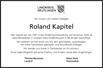 Anzeige von Roland Kapitel von Reutlinger Generalanzeiger