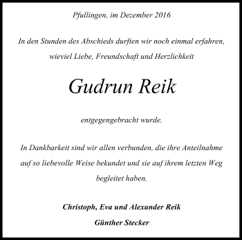 Anzeige von Gudrun Reik von Reutlinger Generalanzeiger