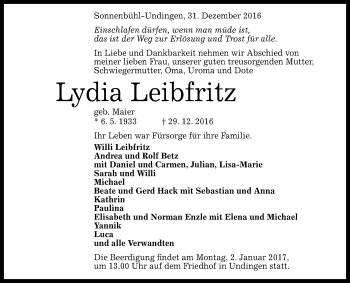 Anzeige von Lydia Leibfritz von Reutlinger Generalanzeiger