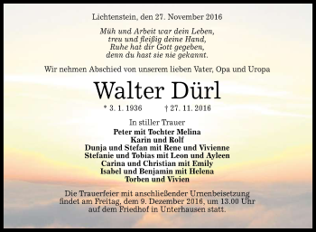 Anzeige von Walter Dürl von Reutlinger Generalanzeiger