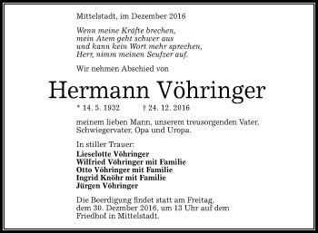 Anzeige von Hermann Vöhringer von Reutlinger Generalanzeiger