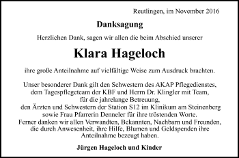 Anzeige von Klara Hageloch von Reutlinger Generalanzeiger