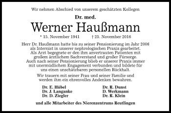 Anzeige von Werner Haußmann von Reutlinger Generalanzeiger