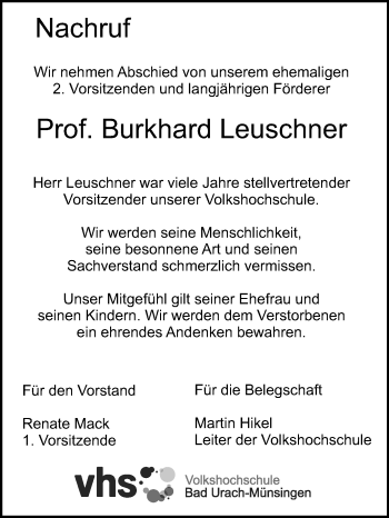 Anzeige von Burkhard Leuschner von Reutlinger Generalanzeiger