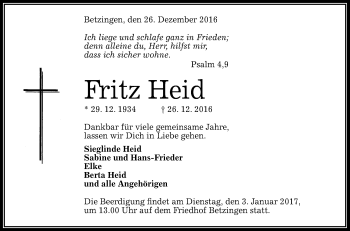Anzeige von Fritz Heid von Reutlinger Generalanzeiger