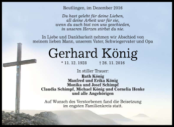 Anzeige von Gerhard König von Reutlinger Generalanzeiger