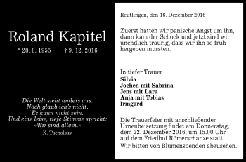 Anzeige von Roland Kapitel von Reutlinger Generalanzeiger