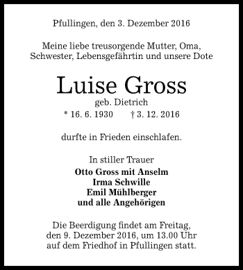Anzeige von Luise Gross von Reutlinger Generalanzeiger
