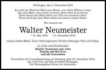 Anzeige von Walter Neumeister von Reutlinger Generalanzeiger