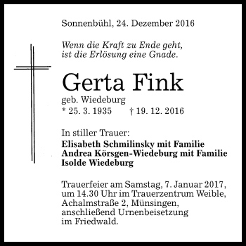 Anzeige von Gerta Fink von Reutlinger Generalanzeiger