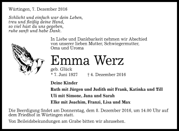 Anzeige von Emma Werz von Reutlinger Generalanzeiger