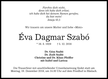 Anzeige von Éva Dagmar Szabó von Reutlinger Generalanzeiger