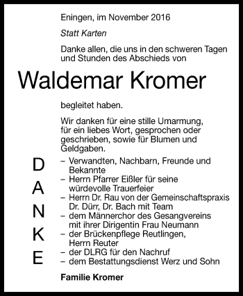 Anzeige von Waldemar Kromer von Reutlinger Generalanzeiger