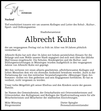 Anzeige von Albrecht Kuhn von Reutlinger Generalanzeiger