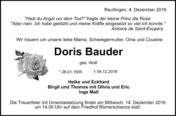 Anzeige von Doris Bauder von Reutlinger Generalanzeiger