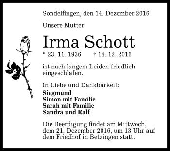 Anzeige von Irma Schott von Reutlinger Generalanzeiger