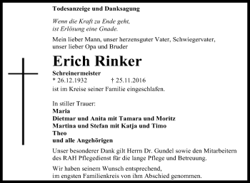 Anzeige von Erich Rinker von Reutlinger Generalanzeiger