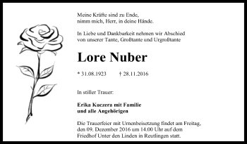 Anzeige von Lore Nuber von Reutlinger Generalanzeiger
