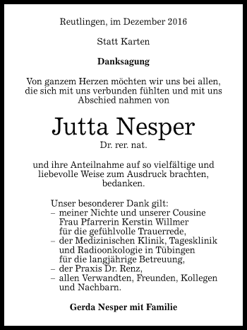 Anzeige von Jutta Nesper von Reutlinger Generalanzeiger