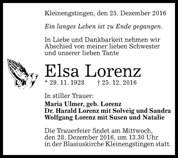 Anzeige von Elsa Lorenz von Reutlinger Generalanzeiger