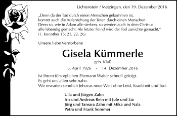 Anzeige von Gisela Kümmerle von Reutlinger Generalanzeiger