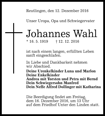 Anzeige von Johannes Wahl von Reutlinger Generalanzeiger