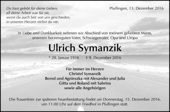 Anzeige von Ulrich Symanzik von Reutlinger Generalanzeiger