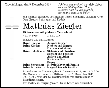Anzeige von Matthias Ziegler von Reutlinger Generalanzeiger
