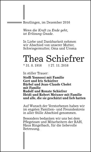 Anzeige von Thea Schiefrer von Reutlinger Generalanzeiger