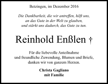 Anzeige von Reinhold Enßlen von Reutlinger Generalanzeiger
