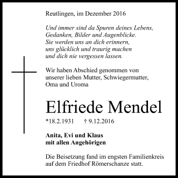 Anzeige von Elfriede Mendel von Reutlinger Generalanzeiger