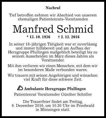 Anzeige von Manfred Schmid von Reutlinger Generalanzeiger