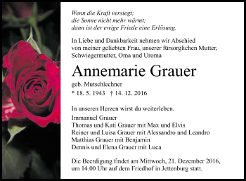 Anzeige von Annemarie Grauer von Reutlinger Generalanzeiger