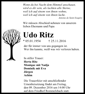 Anzeige von Udo Ritz von Reutlinger Generalanzeiger