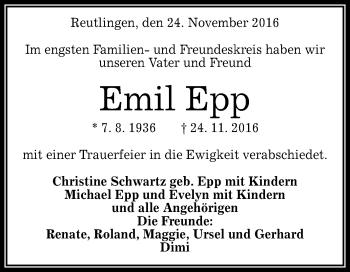 Anzeige von Emil Epp von Reutlinger Generalanzeiger