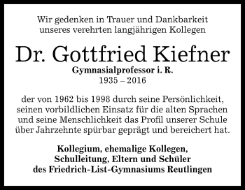Anzeige von Gottfried Kiefner von Reutlinger Generalanzeiger