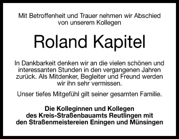 Anzeige von Roland Kapitel von Reutlinger Generalanzeiger