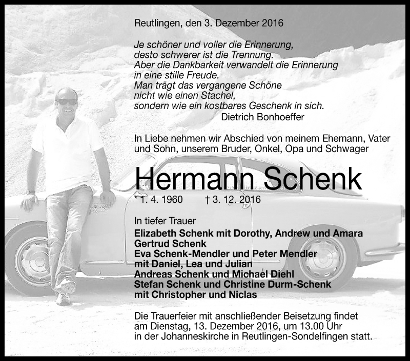  Traueranzeige für Hermann Schenk vom 10.12.2016 aus Reutlinger Generalanzeiger