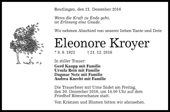 Anzeige von Eleonore Kroyer von Reutlinger Generalanzeiger