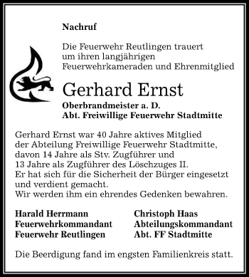 Anzeige von Gerhard Ernst von Reutlinger Generalanzeiger