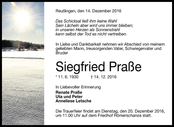 Anzeige von Siegfried Praße von Reutlinger Generalanzeiger