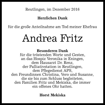 Anzeige von Andrea Fritz von Reutlinger Generalanzeiger