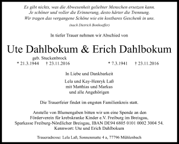 Anzeige von Ute und Erich Dahlbokum von Reutlinger Generalanzeiger