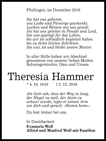 Anzeige von Theresia Hammer von Reutlinger Generalanzeiger
