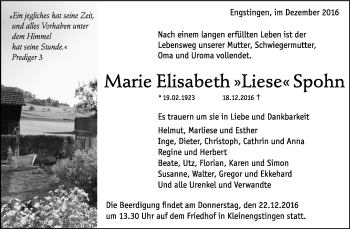 Anzeige von Marie Elisabeth Spohn von Reutlinger Generalanzeiger