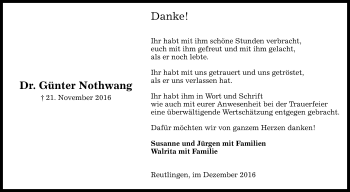 Anzeige von Günter Nothwang von Reutlinger Generalanzeiger