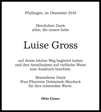 Anzeige von Luise Gross von Reutlinger Generalanzeiger