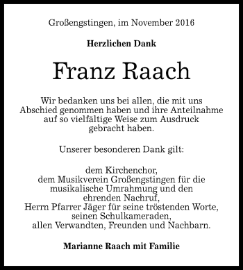 Anzeige von Franz Raach von Reutlinger Generalanzeiger